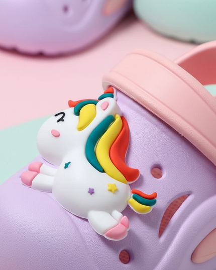 purple unicorn clogs - detail