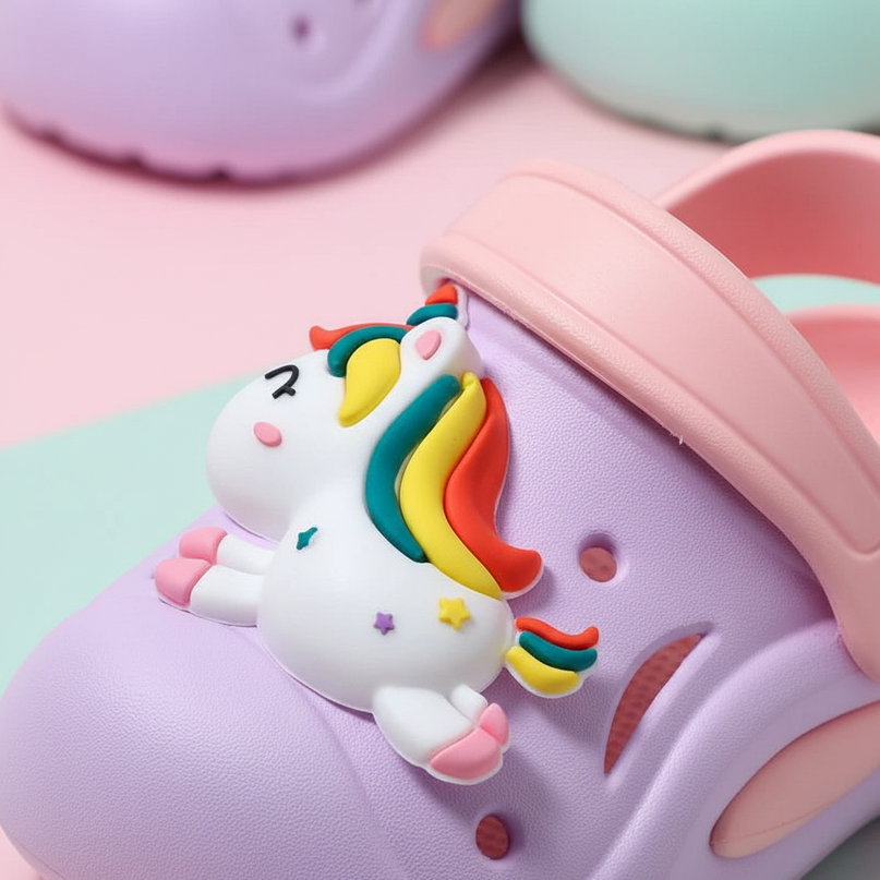 purple unicorn clogs - detail