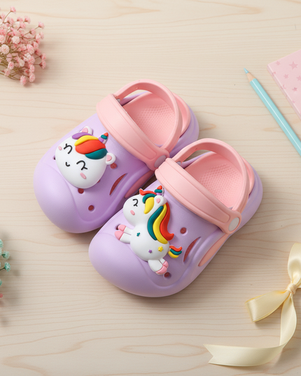 purple unicorn clogs - flat-lay