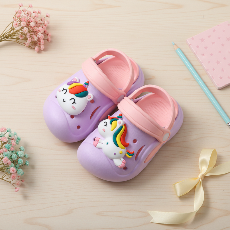 purple unicorn clogs - flat-lay