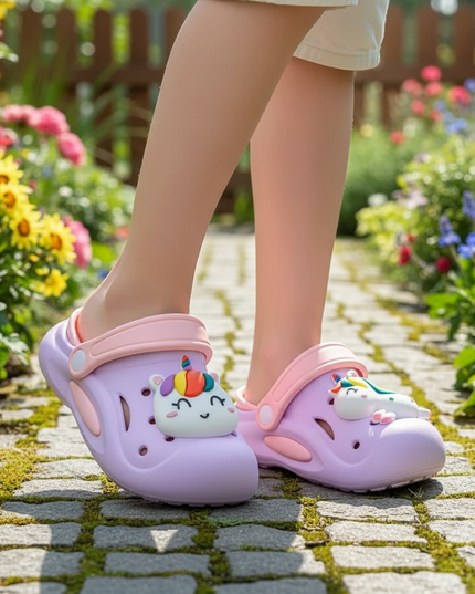 purple unicorn clogs - in-use