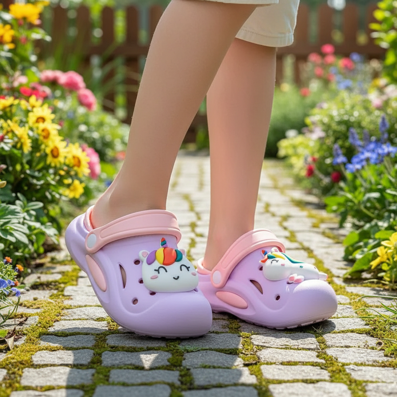 purple unicorn clogs - in-use
