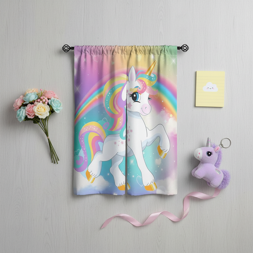purple unicorn curtains - flat-lay