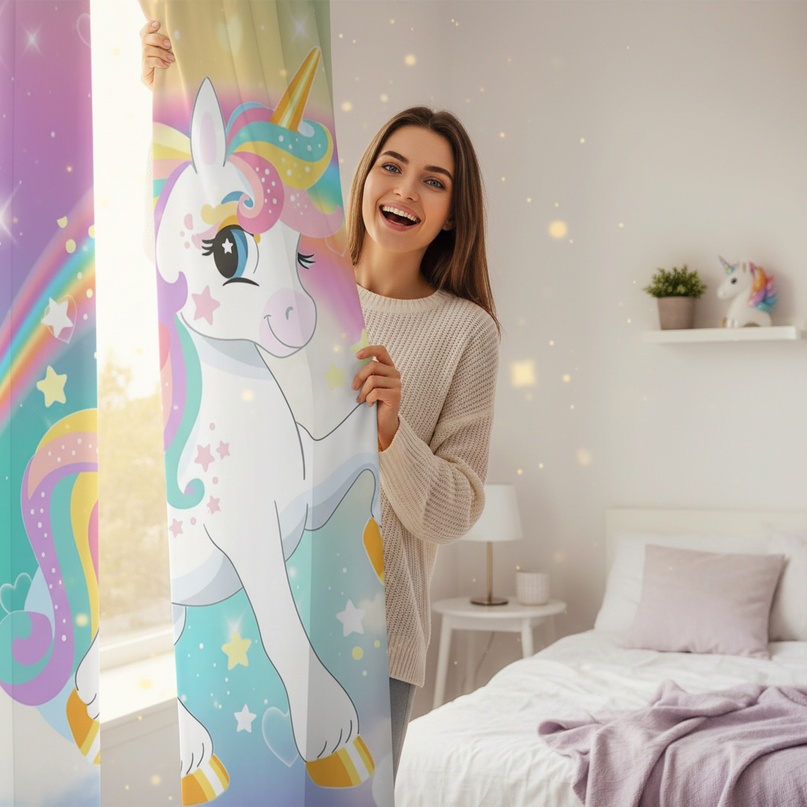 purple unicorn curtains - in-use
