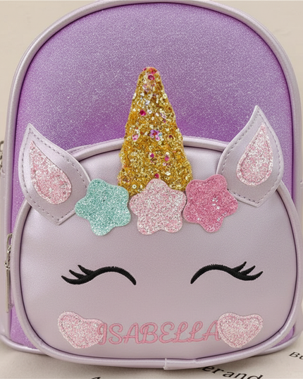 purple unicorn custom name backpack - detail