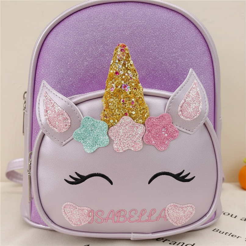purple unicorn custom name backpack - detail