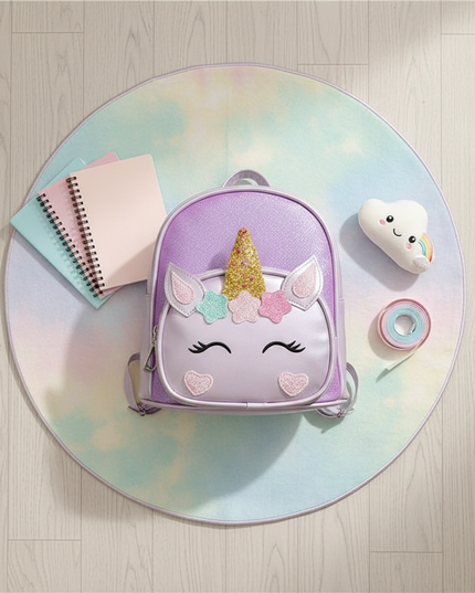 purple unicorn custom name backpack - flat-lay