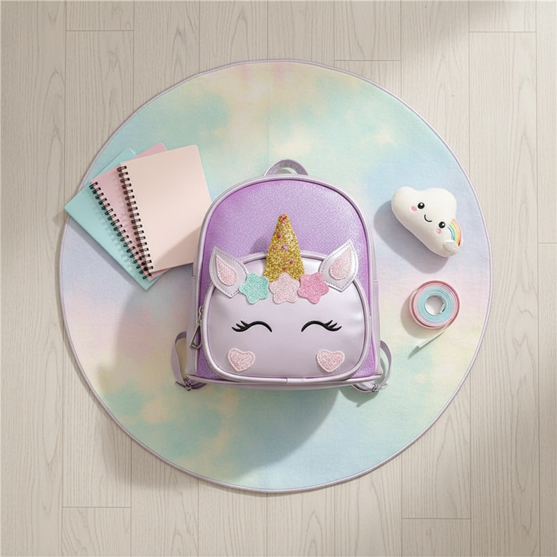purple unicorn custom name backpack - flat-lay