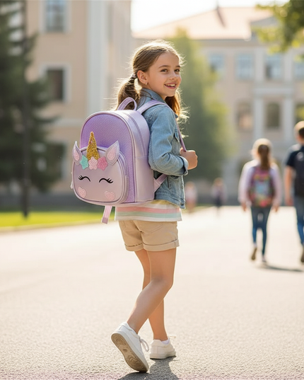 purple unicorn custom name backpack - in-use