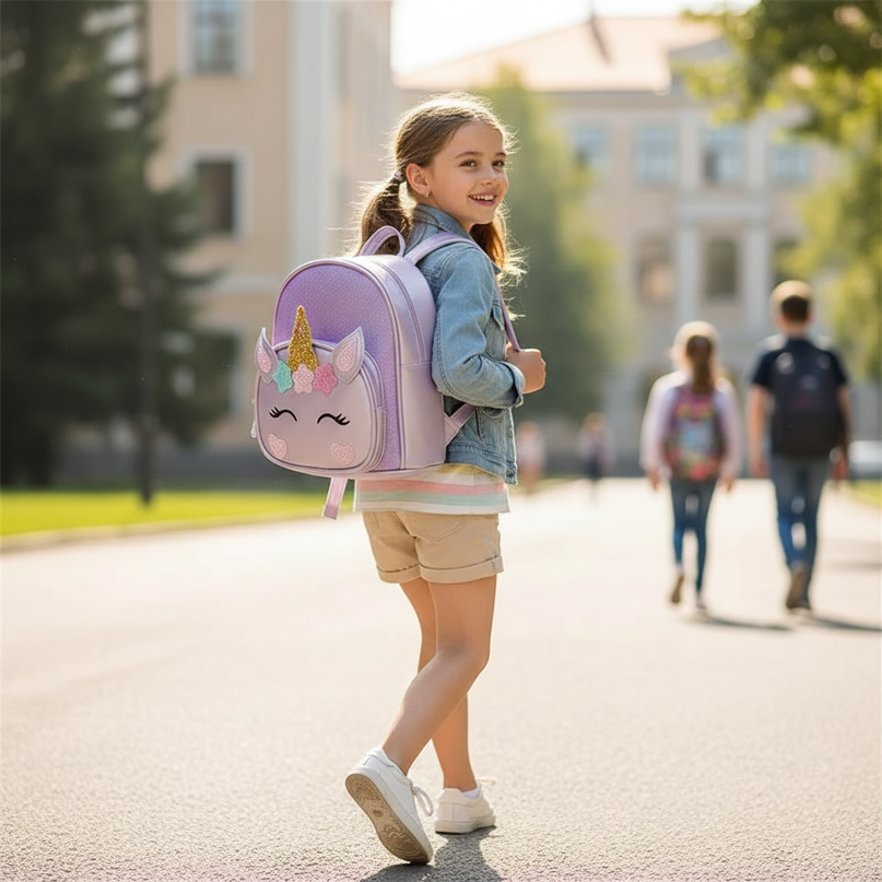 purple unicorn custom name backpack - in-use