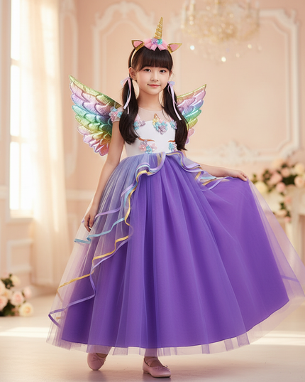 purple unicorn dress set with wings - front