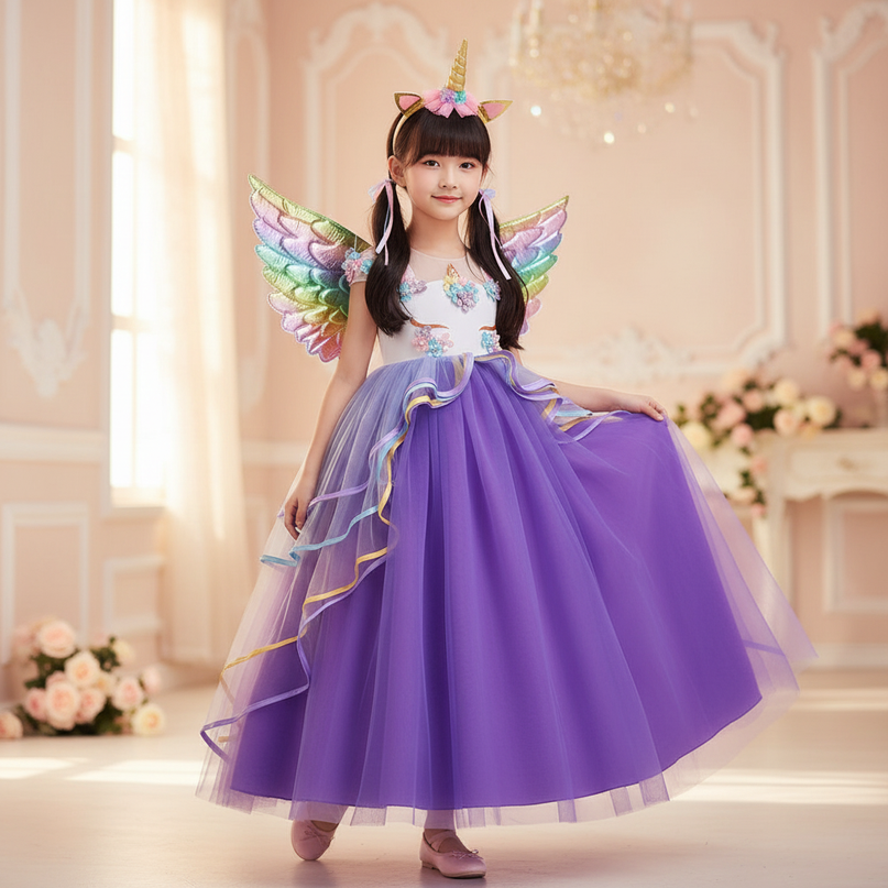 purple unicorn dress set with wings - front