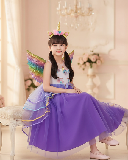 purple unicorn dress set with wings - sitting