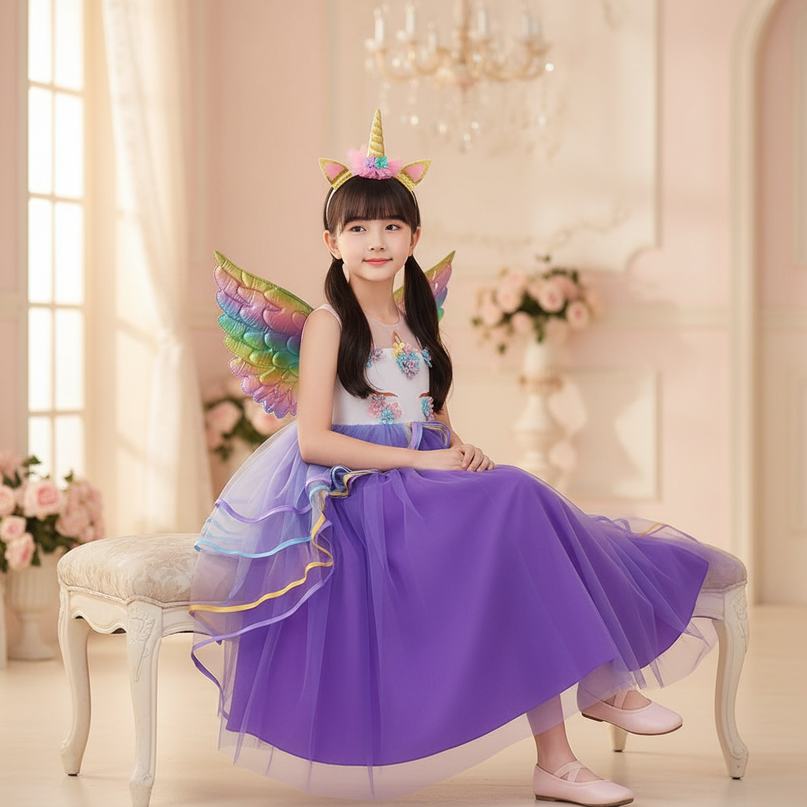 purple unicorn dress set with wings - sitting