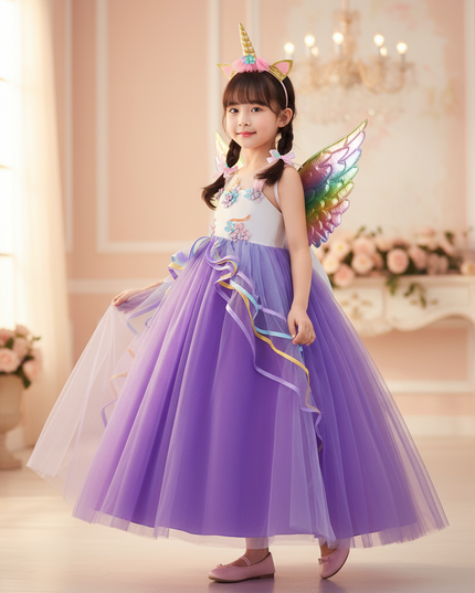 purple unicorn dress set with wings - three-quarter
