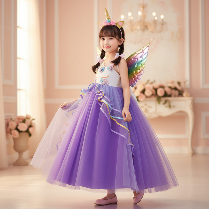 purple unicorn dress set with wings - three-quarter