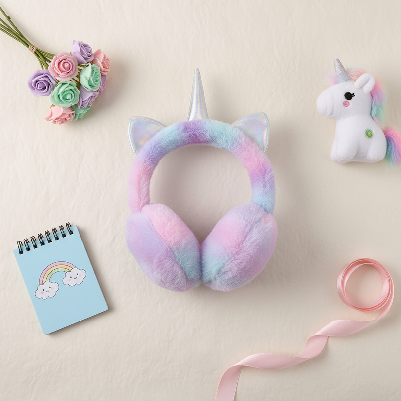 purple unicorn earmuffs - flat-lay
