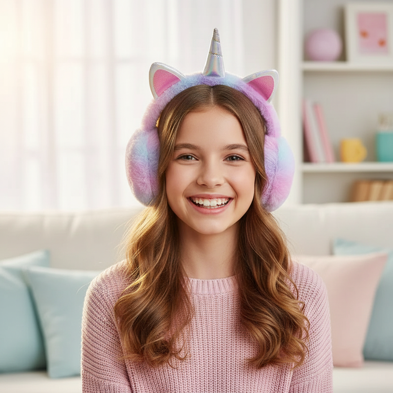 purple unicorn earmuffs - in-use