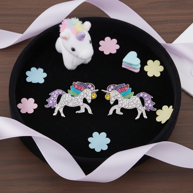 purple unicorn earrings - flat-lay