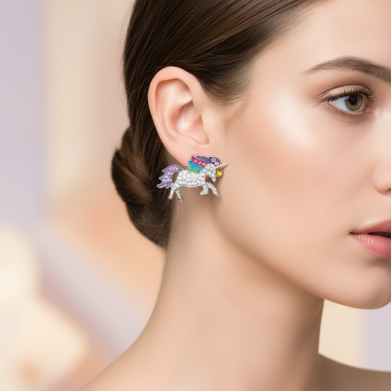 purple unicorn earrings - in-use
