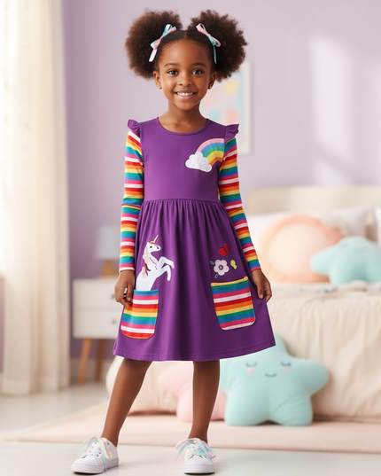 purple unicorn embroidery dress - front