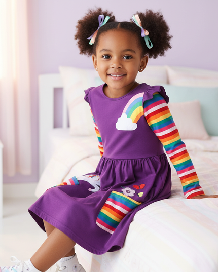 purple unicorn embroidery dress - sitting