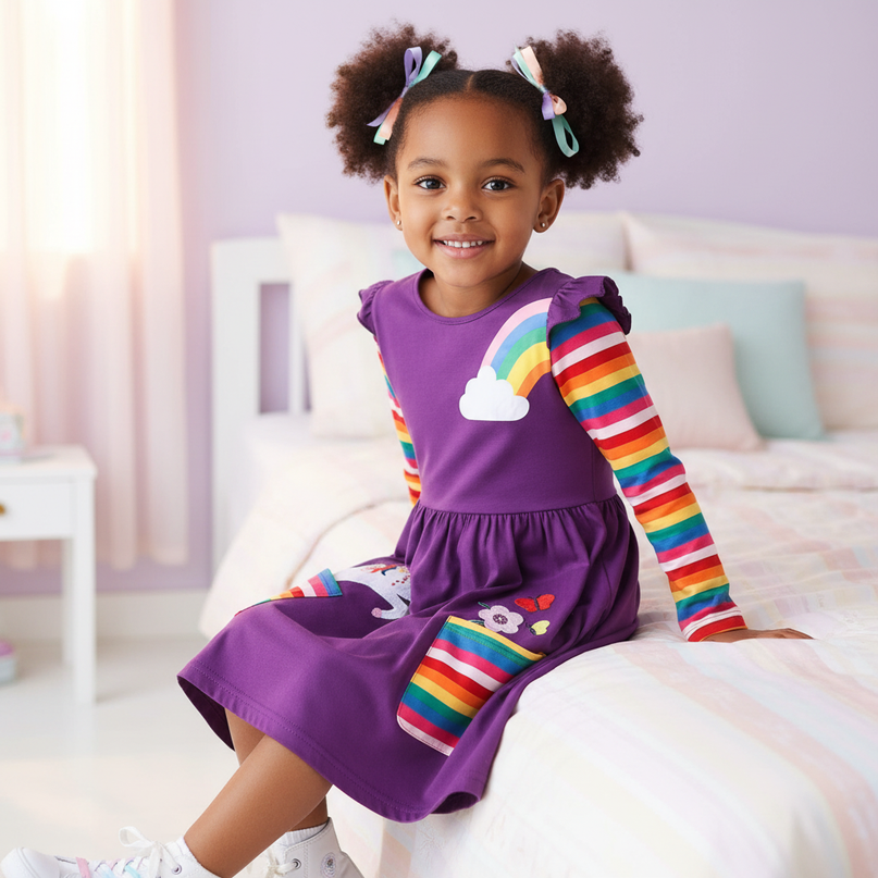 purple unicorn embroidery dress - sitting