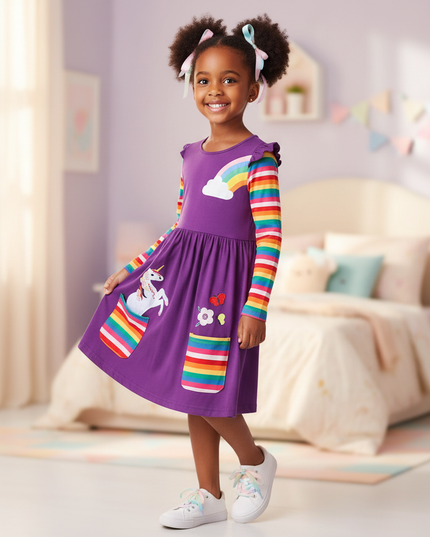 purple unicorn embroidery dress - three-quarter