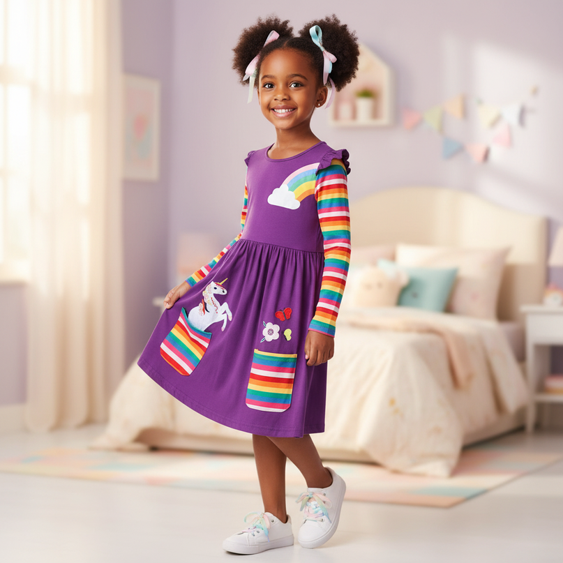 purple unicorn embroidery dress - three-quarter