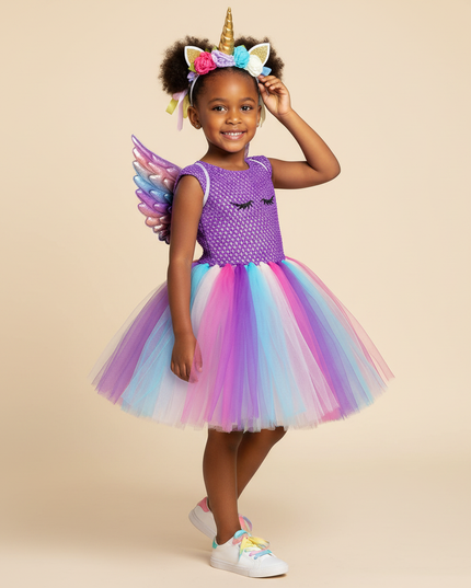 purple unicorn fairy tutu dress set - three-quarter