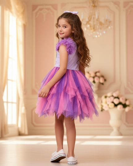 purple unicorn flare sleeve tutu dress - back