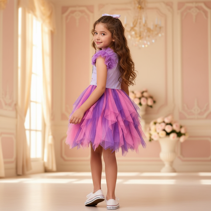 purple unicorn flare sleeve tutu dress - back