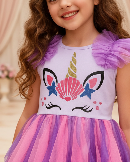purple unicorn flare sleeve tutu dress - detail