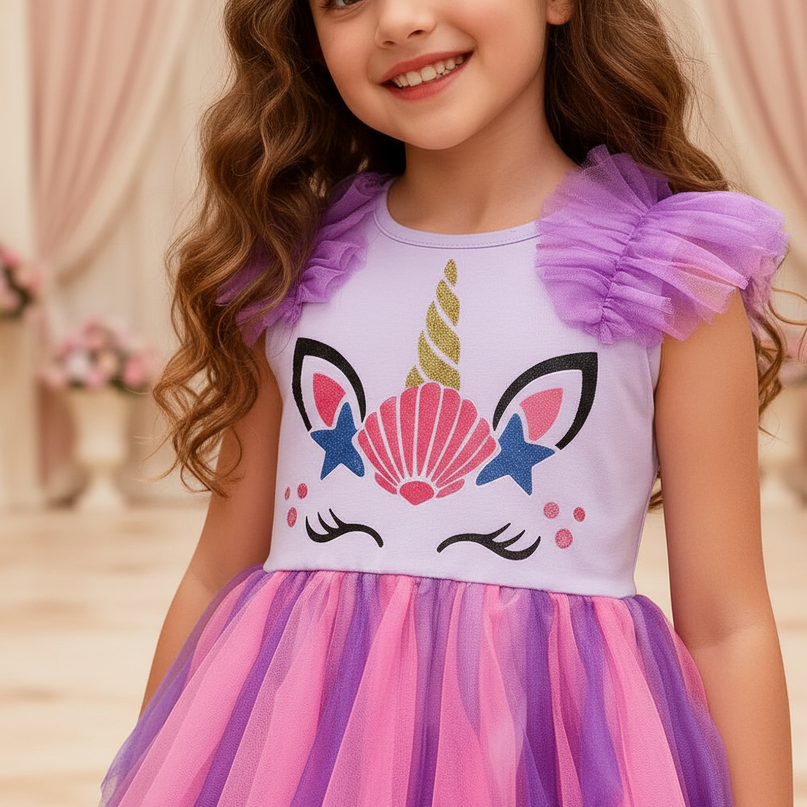 purple unicorn flare sleeve tutu dress - detail