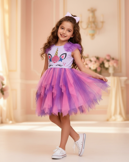purple unicorn flare sleeve tutu dress - front