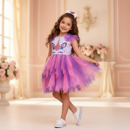 purple unicorn flare sleeve tutu dress - front