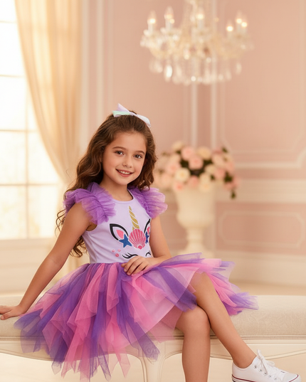purple unicorn flare sleeve tutu dress - sitting