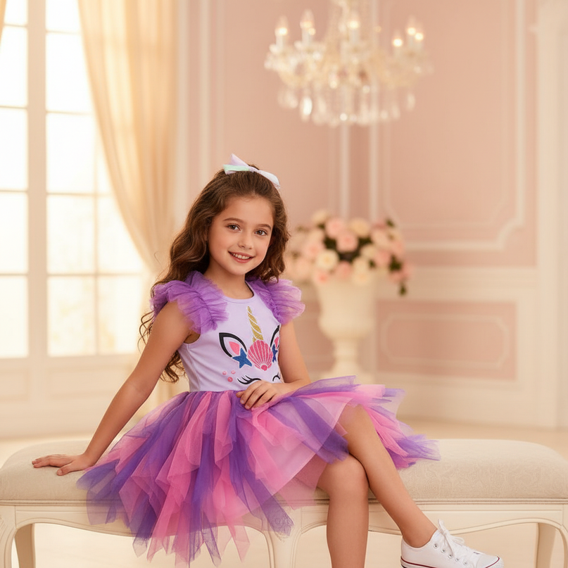 purple unicorn flare sleeve tutu dress - sitting