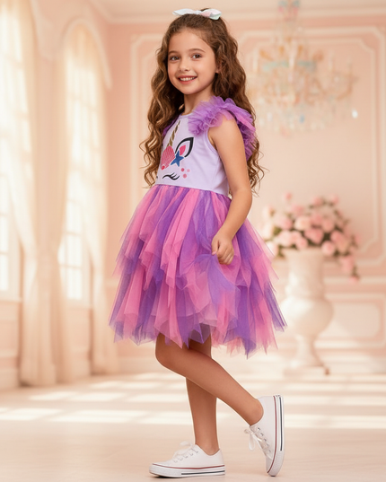 purple unicorn flare sleeve tutu dress - three-quarter