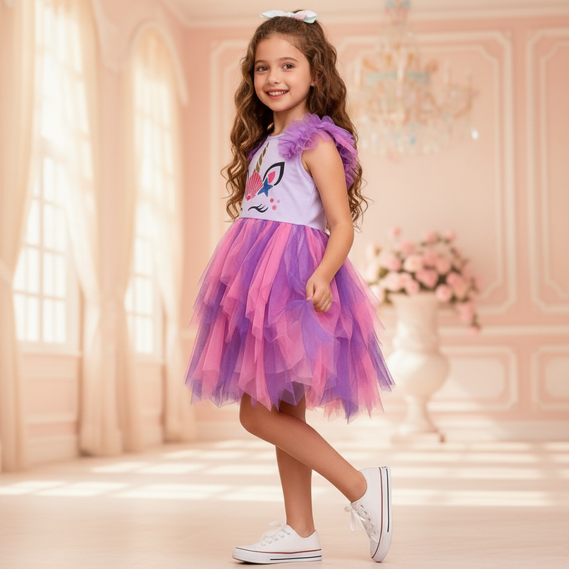 purple unicorn flare sleeve tutu dress - three-quarter