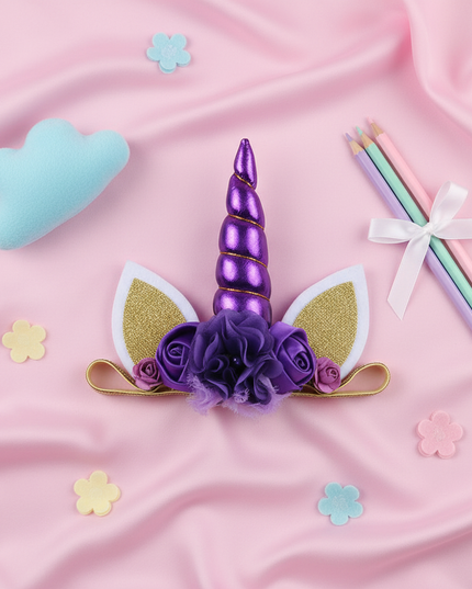 purple unicorn floral headband - flat-lay