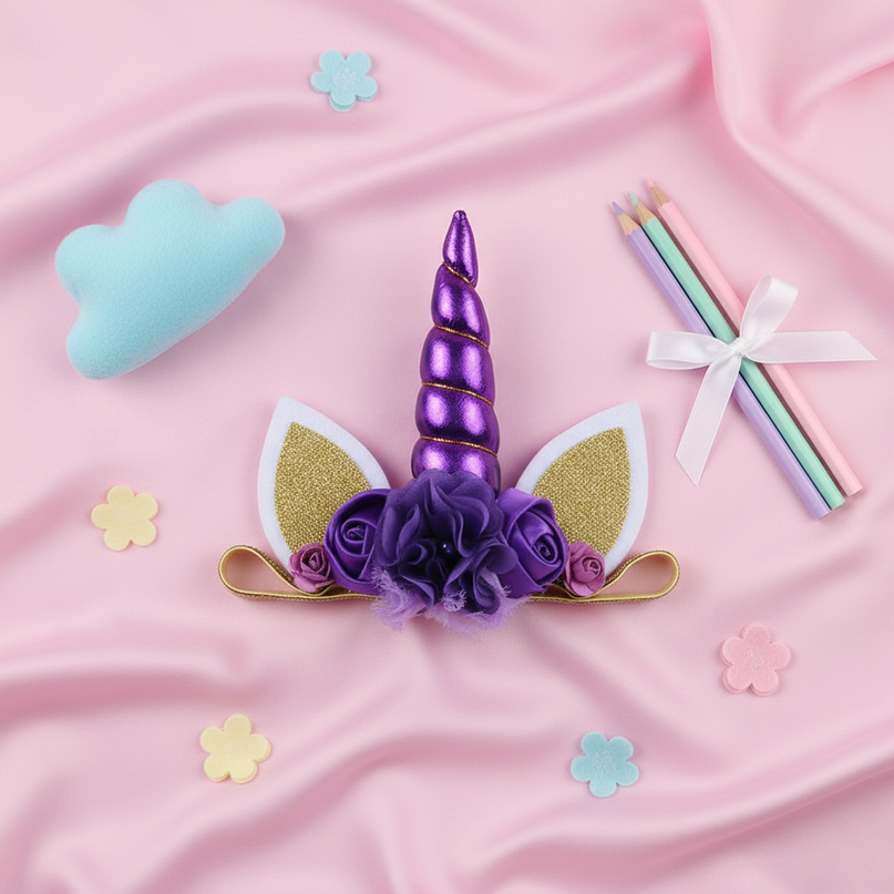 purple unicorn floral headband - flat-lay