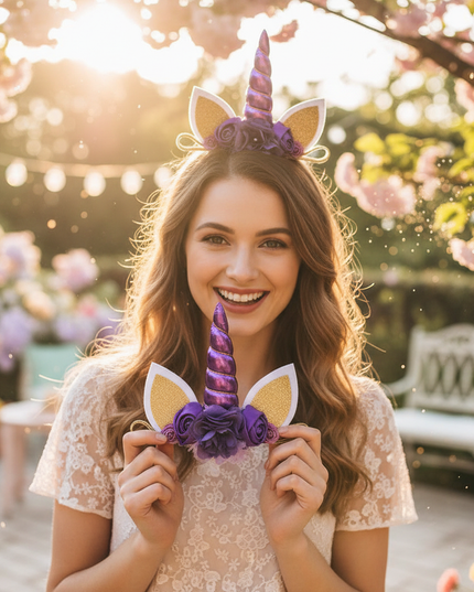 purple unicorn floral headband - in-use