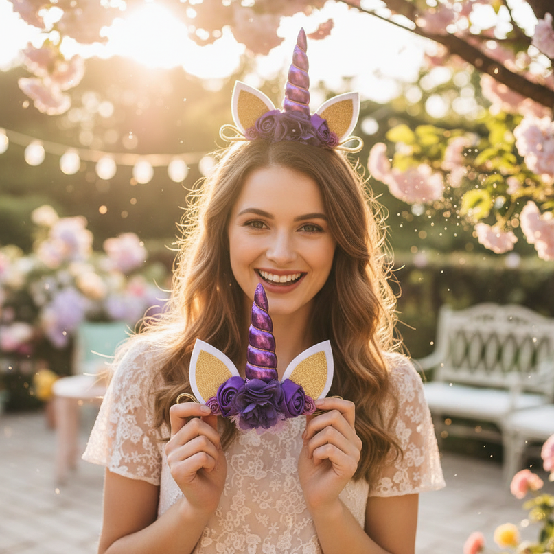 purple unicorn floral headband - in-use