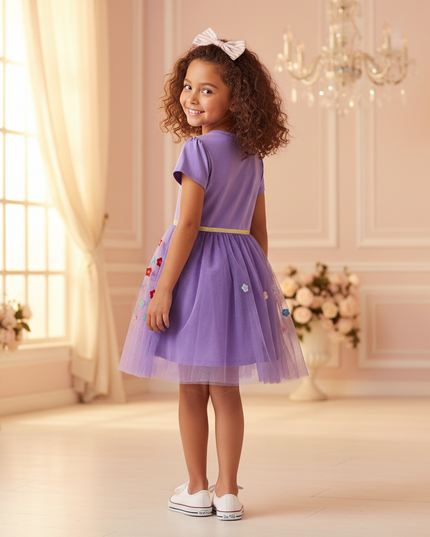 purple unicorn flower applique dress - back