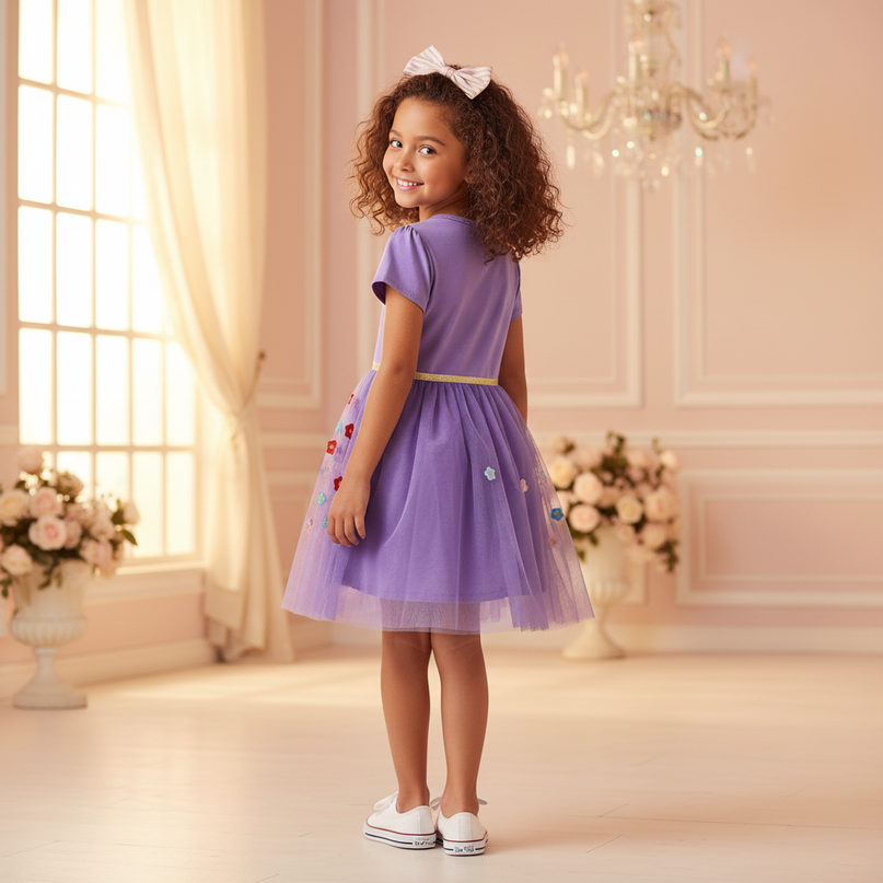 purple unicorn flower applique dress - back