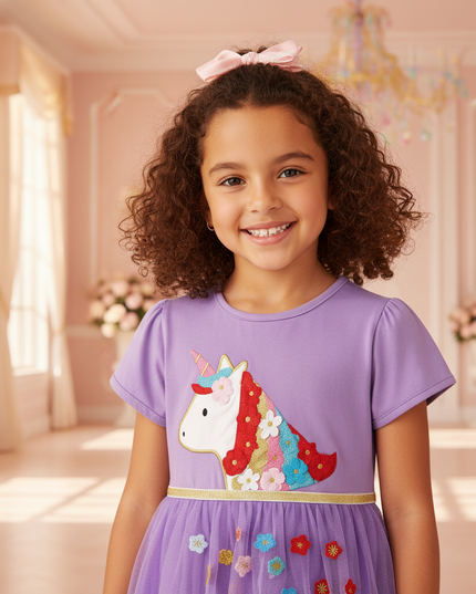 purple unicorn flower applique dress - detail