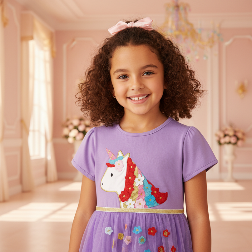 purple unicorn flower applique dress - detail