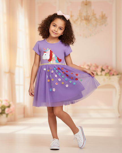 purple unicorn flower applique dress - front
