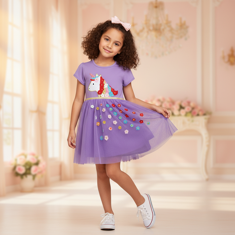 purple unicorn flower applique dress - front
